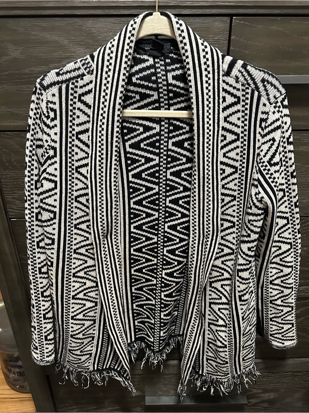 Style & Co. Black and White Geometric Open-Front Cardigan
